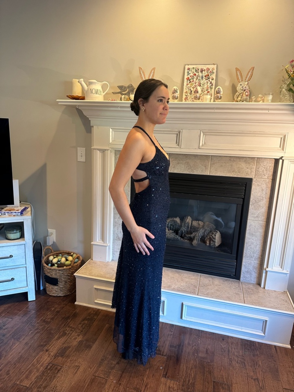 Morgan & Co. Navy Sequin Open-Back Prom Gown